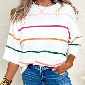 Multicolor Casual Women's Stripe Pattern Batwing 3/4 Sleeve Loose Sweater